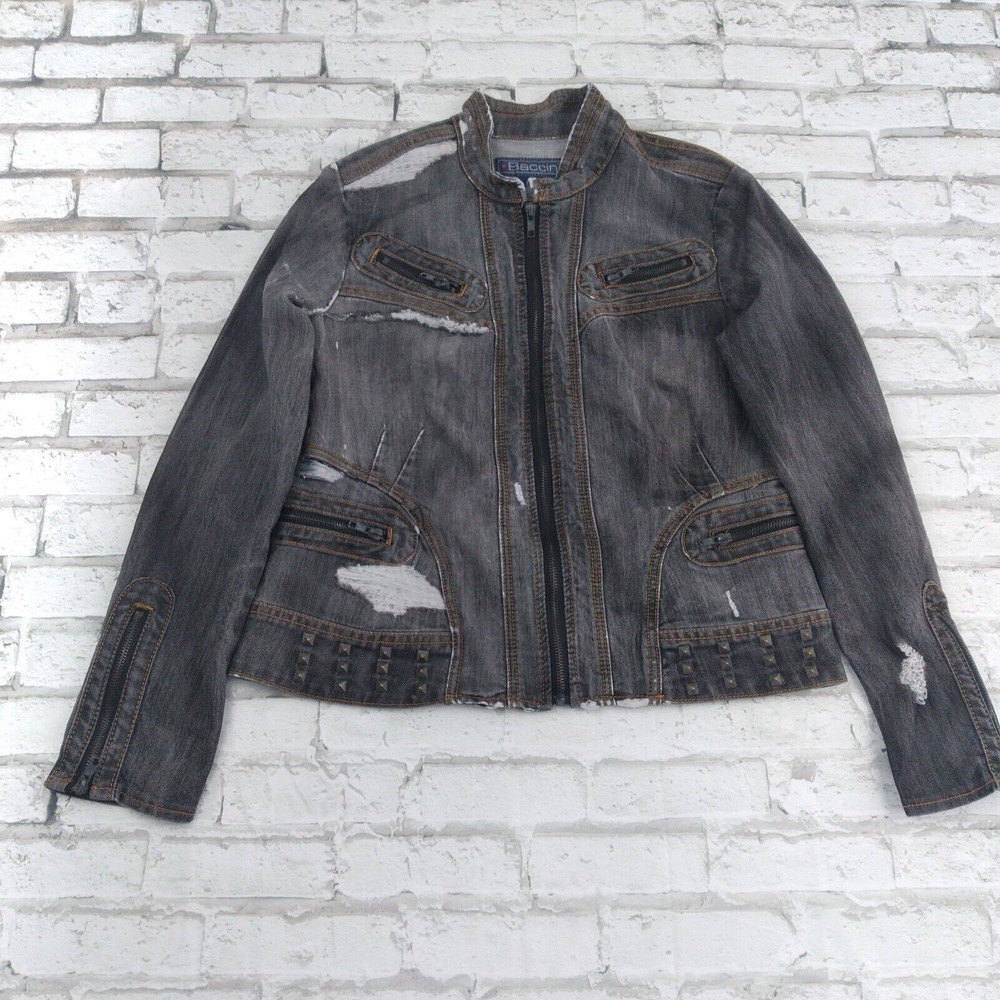 Baccini Jacket Womens Medium Blue Distressed Studded Destroyed Denim Motorcycle
